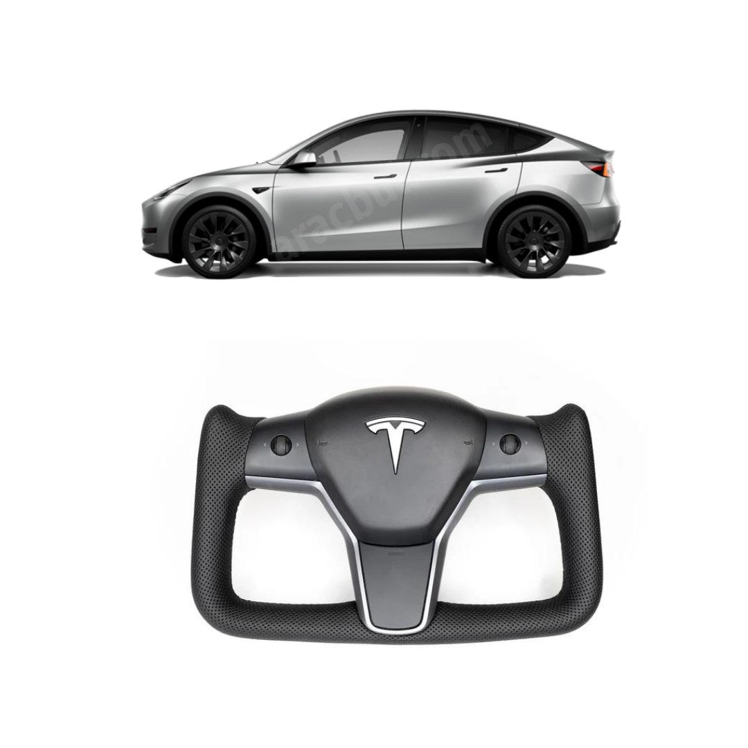 Tesla Model Y / Model 3 Yoke Stil Direksiyon Simidi, Alcantra Siyah Deri, Orta Mat ve Kenarlar Parla