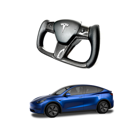 Tesla Model Y / Model 3 Yoke Stil Direksiyon Simidi, Delikli Deri, Orta ve Kenarlar Parlak Siyah Karbon Fiber Kaplama, Isıtmalı