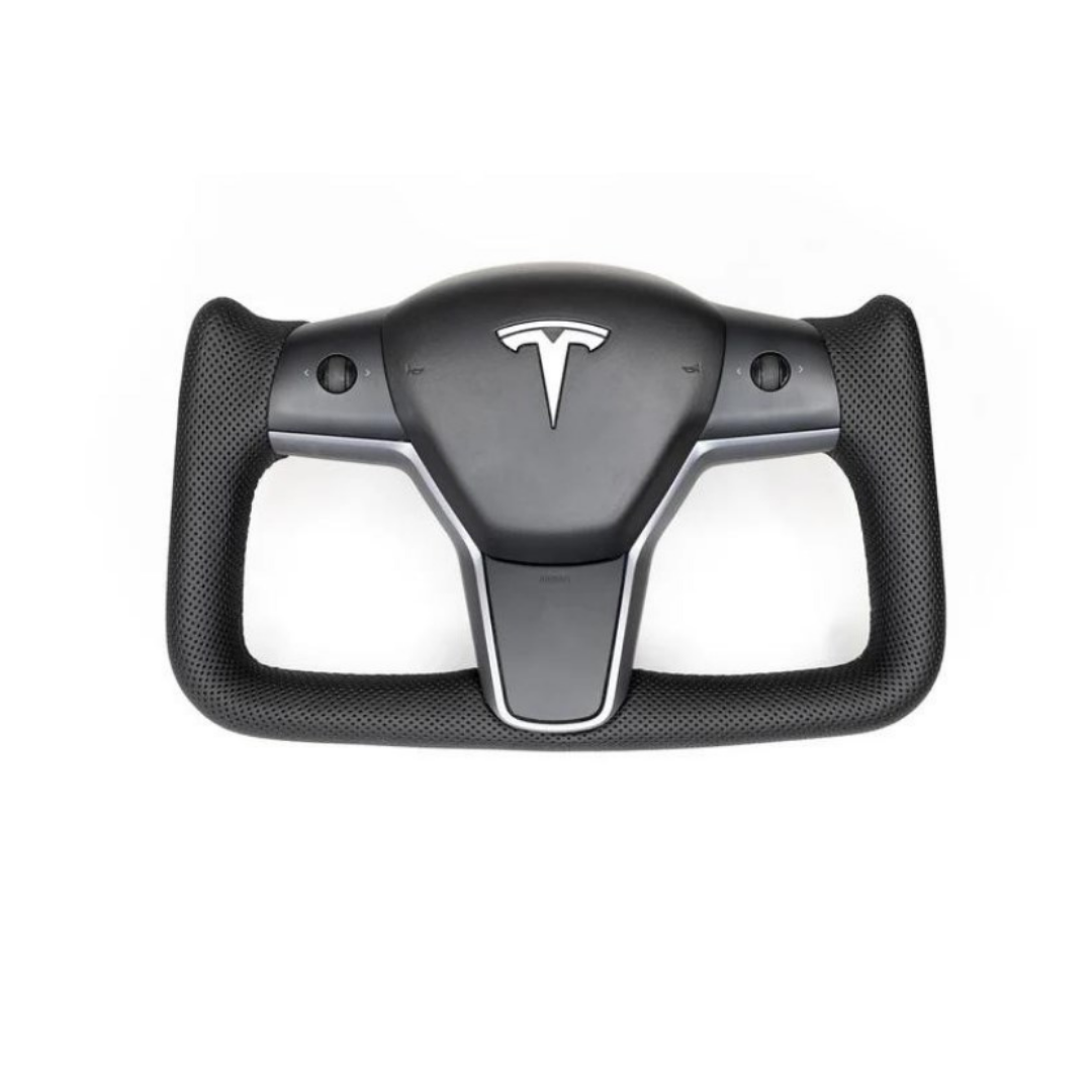 Tesla Model Y / Model 3 Yoke Stil Direksiyon Simidi, Alcantra Siyah Deri, Orta Mat ve Kenarlar Parlak Siyah, Karbon Fiber Kaplama, Isıtmalı